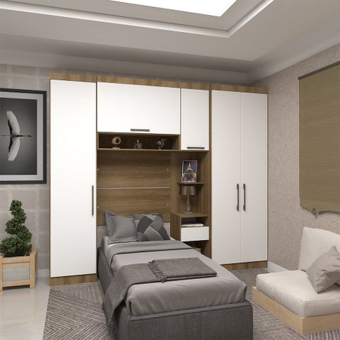 Quarto de Solteiro com Guarda Roupas e Mesa de Cabeceira Paris Luciane Móveis
