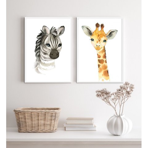 Kit 2 Quadros Animais Infantis Aquarela 45x34cm:madeira Preta