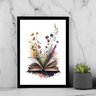 Quadro Decorativo Livro com Flores - Aquarela 45x34cm - com Vidro:moldura Branca - 1