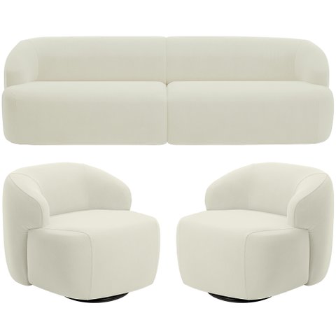 Sofá 3 Lugares Curvo Orgânico com 02 Poltronas Para Sala Living 220cm Barolo L06 Veludo Bege - Lyam 
