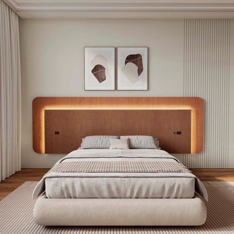 Cabeceira Casal Queen 272cm com LED 3000k e Tomadas 100% MDF Padrão Planejados Mabel