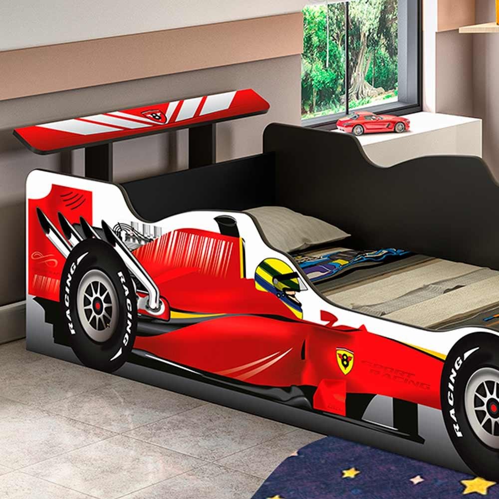 Cama Infantil Solteiro Carro Formula 1 Vermelho para Colchão 88cm