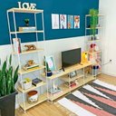 Ver imagem 2 de Kit Sala de TV de Ferro e Madeira Industrial Grande e Duas Estantes Torre Slim Natural e Branco