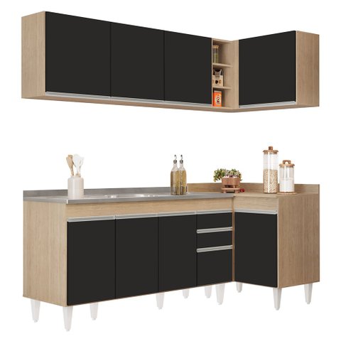 Armário de Cozinha Modulado de Canto Esquerdo 4 Peças Cp51 com Pia Inox Castanho/preto - Lumil Lumil