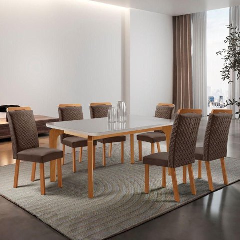 Mesa de Jantar Liz 6 Lugares Retangular MDF com Vidro 180cm Marrom Moderna
