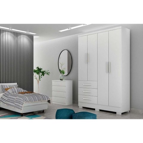 Guarda Roupa Solteiro 4 Portas e 3 Gavetas C-espelho e Pés Encanto Branco - Novo Horizonte