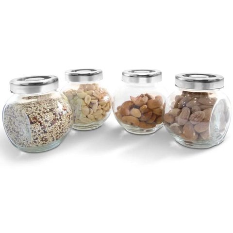 Porta Condimento Vidro 4 Peças com Tampa Cromada - Porta Condimentos Vidro 4 Peças Guardar Temperos