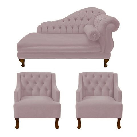 Recamier Larissa 150 cm e 2 Poltronas Genesis Veludo Rose