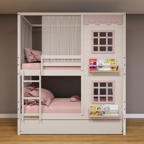 Treliche Casinha 2 Janelas Cortina Madeira Branco-rosa