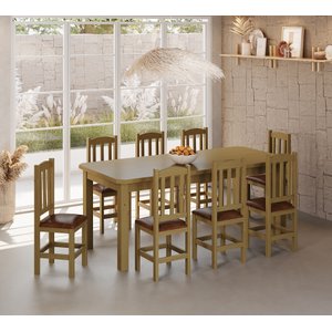 Conjunto Mesa de Madeira Nogueira 200x88 + 8 Cadeiras Estofadas Sfa