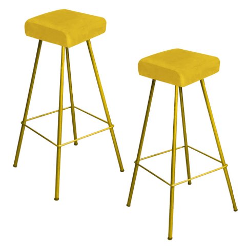 Kit 02 Banqueta Alta Lira Eiffel Industrial Cozinha Bar Balcão Bistrô Ferro Dourado Suede Amarelo