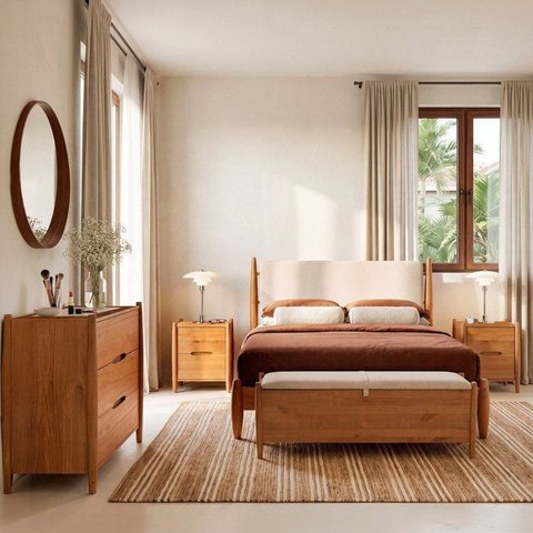 Conjunto Cama Queen com Mesas de Cabeceira, Cômoda 3 Gavetas e Baú Baru CabeCasa MadeiraOriginals