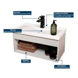 Gabinete Armario para Banheiro 100% MDF com Cuba - Livorno Lineo 60cm - 7