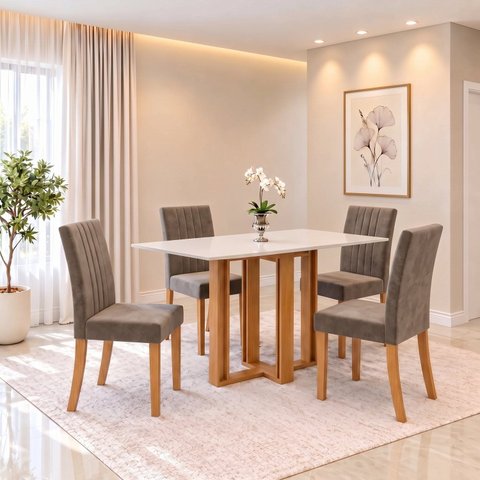 Conjunto Sala de Jantar Mesa Manu 120cm Tampo MDF Canto Reto 4 Cadeiras Lily