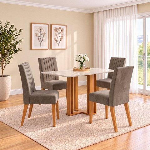 Conjunto Sala de Jantar Mesa Manu 120cm Tampo MDF Canto Reto 4 Cadeiras Lily