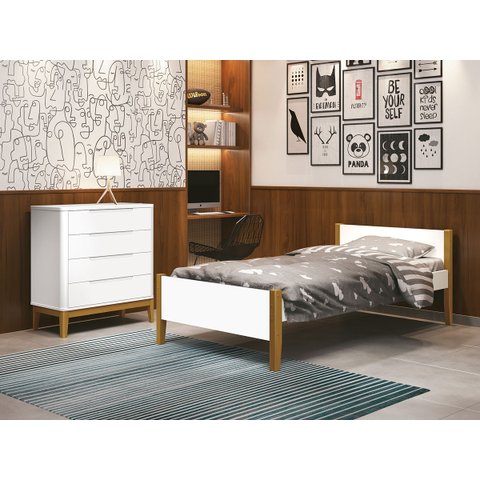 Cama Solteiro Simba com Pés em Madeira - Reller - Branco Fosco