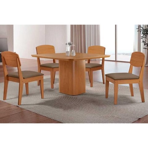 Sala de Jantar Completa Maldivas C/ Tampo Madeirado Canto Curvo 90x90cm e 4 Cadeiras Havana Naturale