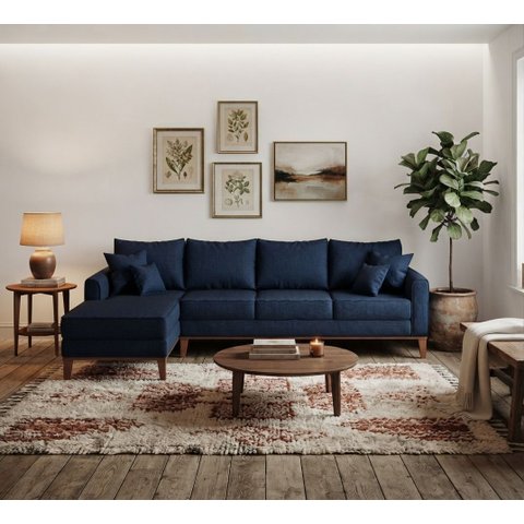 Sofá 4 Lugares Beny com Chaise Esquerdo Linho Azul