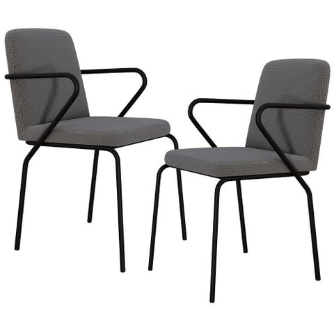 Kit 02 Cadeiras Estofada para Sala de Jantar com Braço Loft Preto C01 Linho Fendi Cinza - Lyam