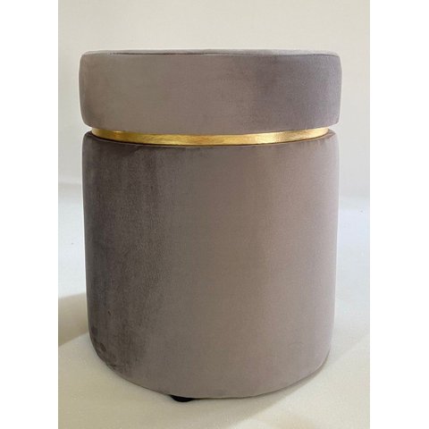 Puff Redondo em Veludo Cinza com Detalhe Dourado, Decorativo para Sala Moveis