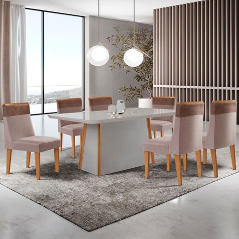 Mesa de Jantar Diane 180cm Tampo Mdf com Vidro com 6 Cadeiras Andes Moderna Mobília