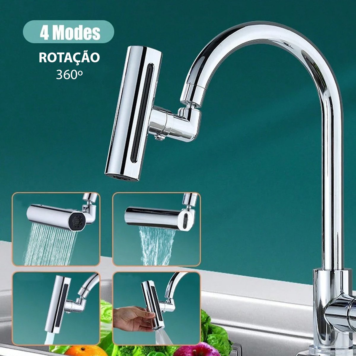 Extensor de Torneira Arejador 4 Modos Cascata Cozinha Adaptador Agua Alta Pressao Gira 360º Regulave - 4