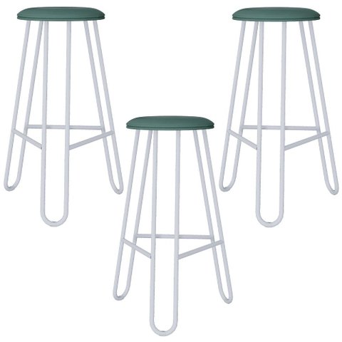 Kit 03 Banquetas Baixa Bar Cozinha Sala de Jantar Áris C01 Branco Courino Verde Sálvia - Lyam Decor