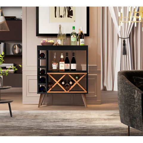 Aparador com Adega Estilo Retrô Pés Palito Lupin Cor Preto / Nature - Comprar Moveis em Casa