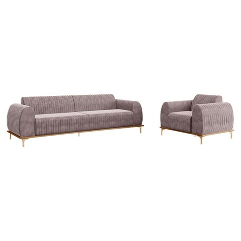 Conjunto Sofá 3 Lugares e Poltrona Base de Madeira Euro 230 cm Veludo Rosê - Gran Belo