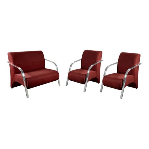 Conjunto Sevilha 2 Poltronas + 1 Namoradeira Braço Metal Decoração Recepção Sala - Suede Bordô
