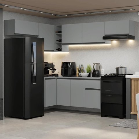 Armário de Cozinha Completa de Canto Suspenso 405cm Nice Madesa 01 Cinza
