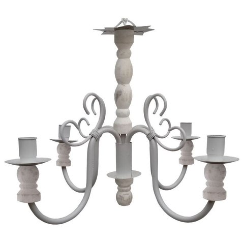 Lustre de Madeira Torneada e Ferro Natural 4 Lâmpadas Luminária - Branco
