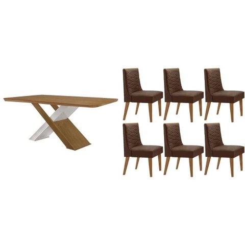 Conjunto: Mesa Sala Jantar Imperatriz Tampo Curvo 180cm+6 Cadeiras Dafne Madeira Naturale/off White