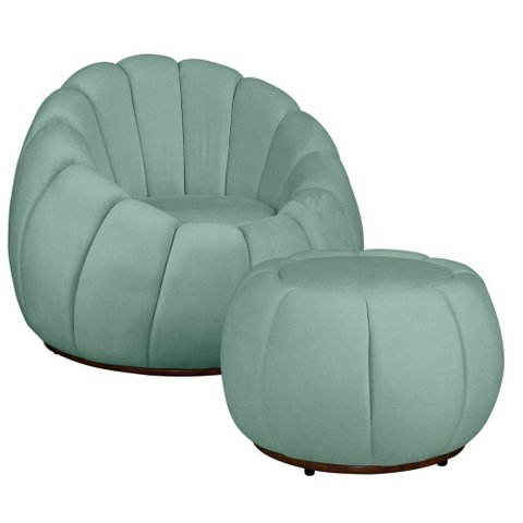 Kit Poltrona Base Giratória e Puff Concha Decorativo Veludo Cor Acqua