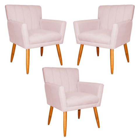 Kit 3 Poltronas Decorativa para Sala de Estar Cecília Suede Rosa Claro - Montanaris Decor Md Montana
