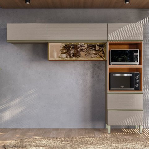 Cozinha Completa Modulada com Aéreo 3 Peças MDF Proença Bege/Nogueira/Nude Prime
