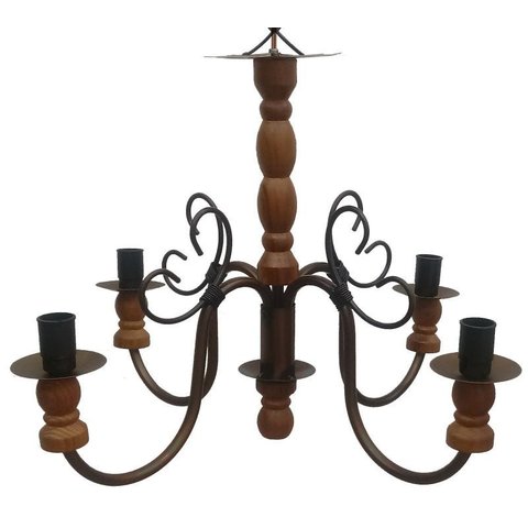 Pendente De Madeira E Ferro para Iluminação de Quarto Varanda E Sala - Verniz & Branco