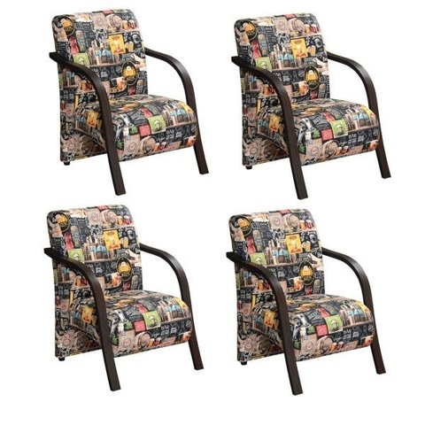 Kit 4 Poltronas Decorativas 1 Lugar Vênus Braço Pé Madeira Confortável Sala TV D Salla Estampado Bee