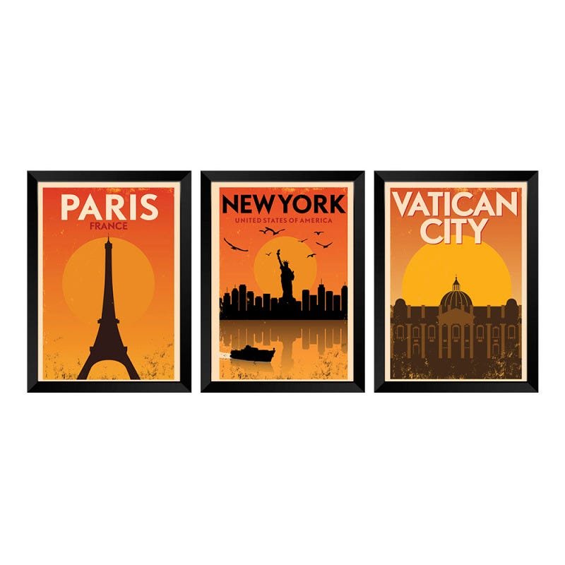 Kit de Quadros Decorativos 3 peças Cidades retro - 1
