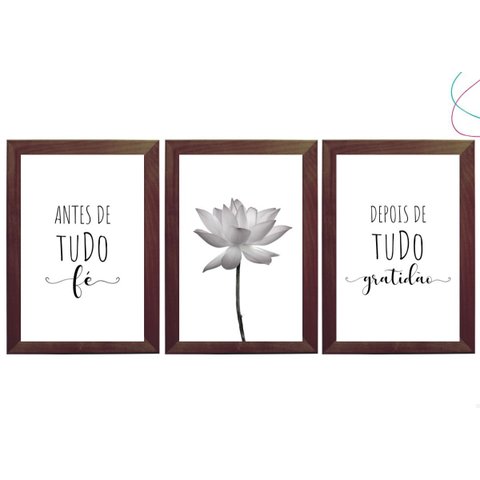 Kit 3 Quadros Decorativos - Fé e Gratidão Flor de Lótus:tabaco