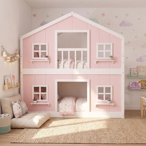 Beliche Montessoriano Solteiro Casinha Dos Sonhos Madeira Maciça Rosa Branco Megamobília