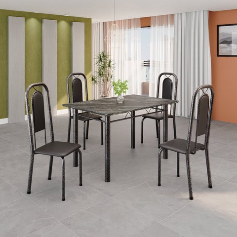 Conjunto de Mesa Tubular 120cm x 75cm Tampo Ardósia Indiano com 4 Cadeiras Lara Prata/Preto Liso/Mart