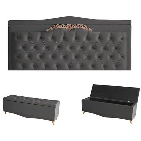 Kit Helena Cabeceira de Cama Painel e Calçadeira Baú Queen 160 Cm Suede Grafite Eli Móveis e Decoraç