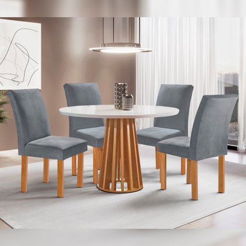 Mesa Kansas 100cm 4 Cadeiras Canela Tampo Redondo Plus Vidro Off White