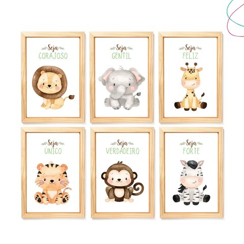 Quadros Decorativos Safari Baby Aquarela Moldura e Vidro:pinus