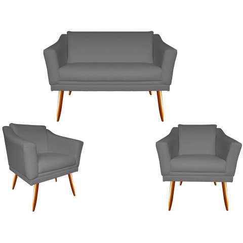 Kit Namoradeira + 2 Poltronas Decorativa Agatha Suede Cinza Pés Madeira Ms Decor