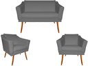 Ver imagem 1 de Kit Namoradeira + 2 Poltronas Decorativa Agatha Suede Cinza Pés Madeira Ms Decor