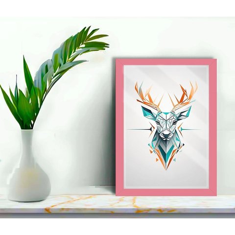 Quadro Decorativo Cervo Abstrato + Vidro 33x25 Escritório:rosa