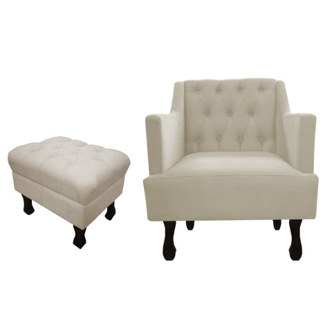 Kit Poltrona Decorativa Julia + Puff Luis Xv Suede Bege Pés Madeira Ms Decor