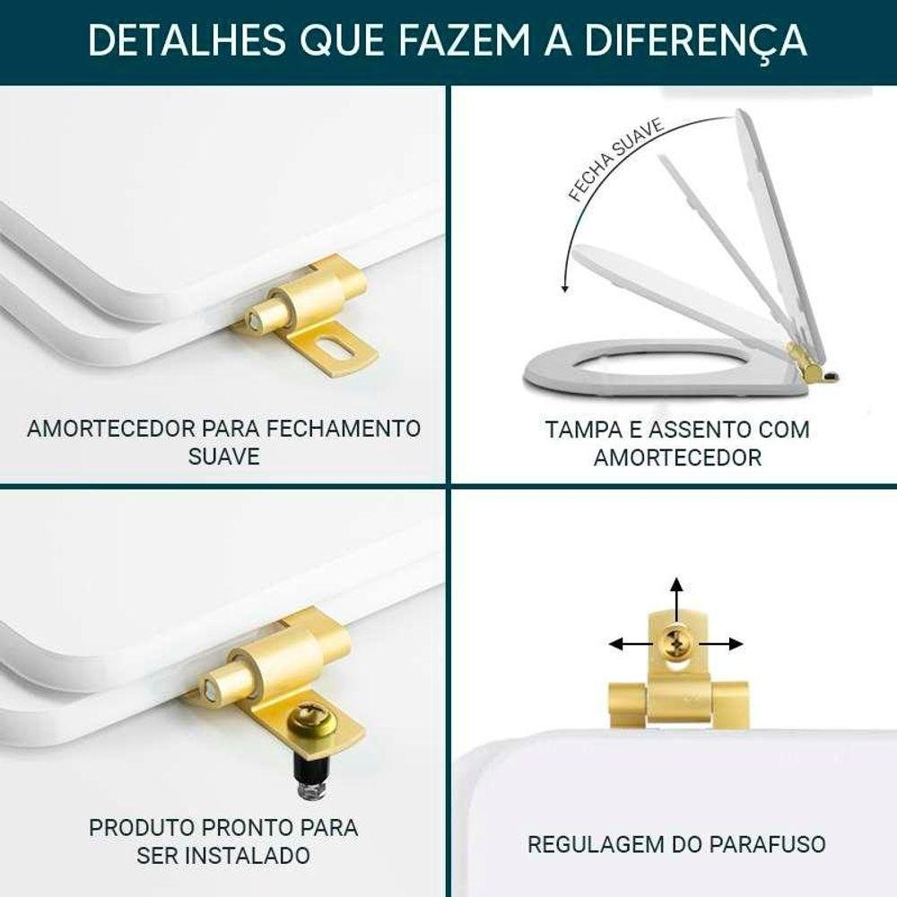 Tampa de Vaso Laqueado com Amortecedor Link/lk Branco para Bacia Deca com Ferragem Dourada - 6